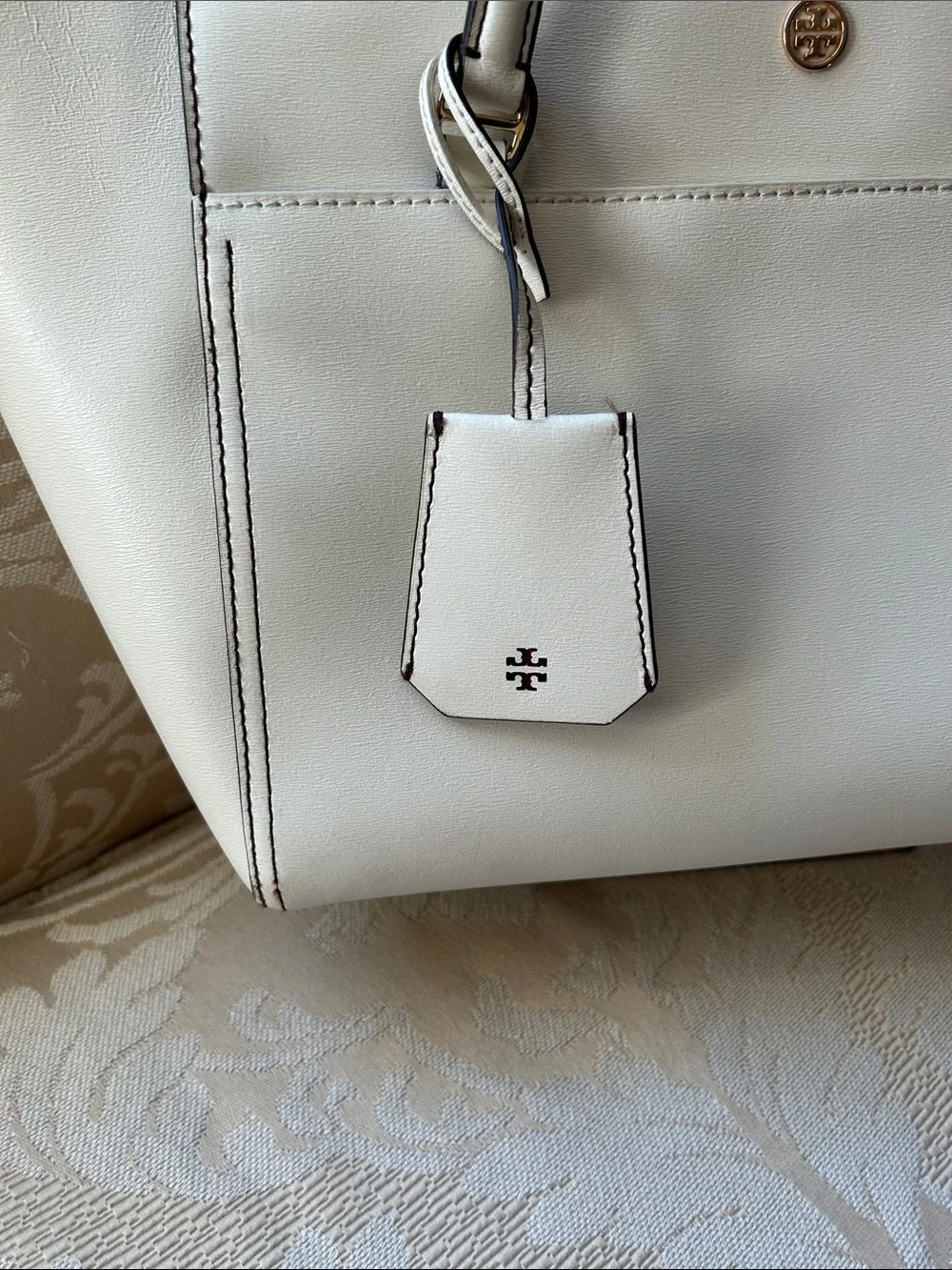 Tory Burch Robinson Cream Leather Double-Handle Tote with Gold Accents